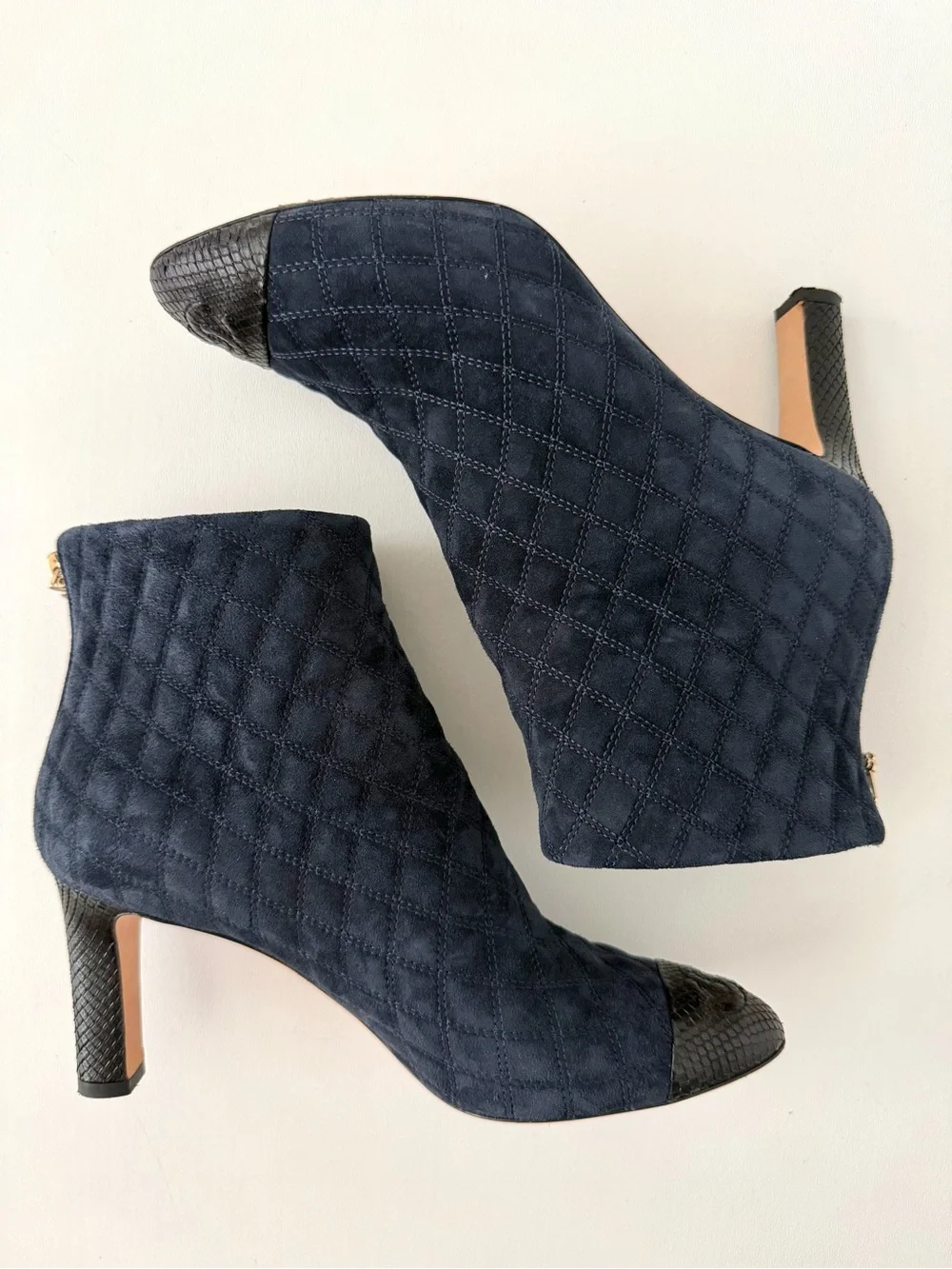 CHANEL | Quilted Suede CC Python Cap Toe Camellia Navy Black Booties EU 37.5